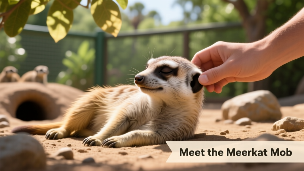 Close-up of a meerkat resting on its side, eyes half-closed, being gently scratched behind the ears