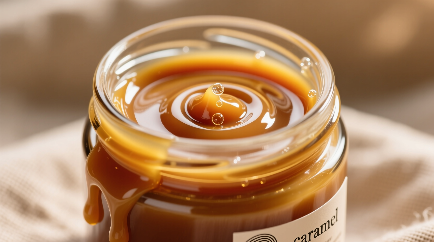 Perfect golden caramel sauce in glass jar