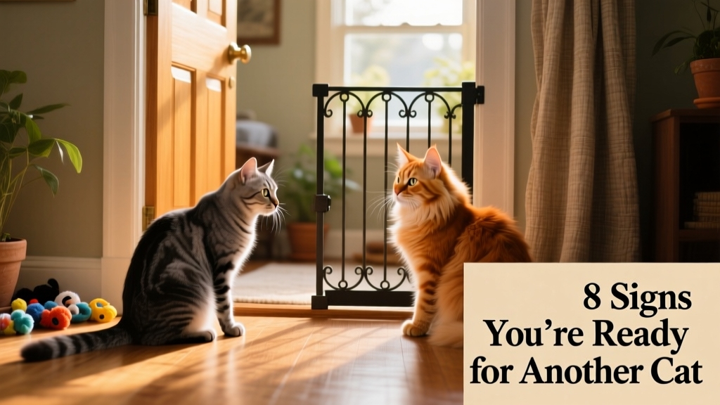 Two cats cautiously observing each other from opposite sides of a doorway, with a baby gate partially separating them