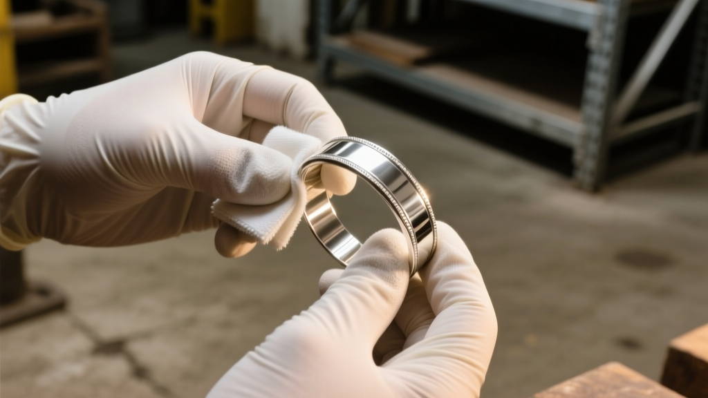 Nitrile-gloved hands using a microfiber cloth to buff an Argentium silver cuff bracelet under warm directional workshop lighting.