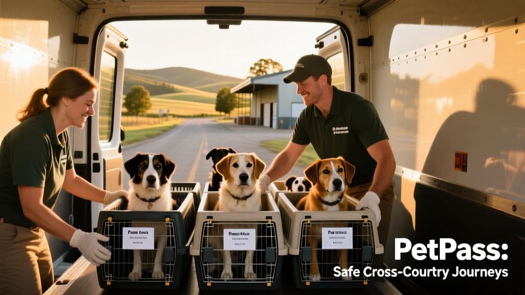 Volunteers loading securely crated dogs into a climate-controlled transport van