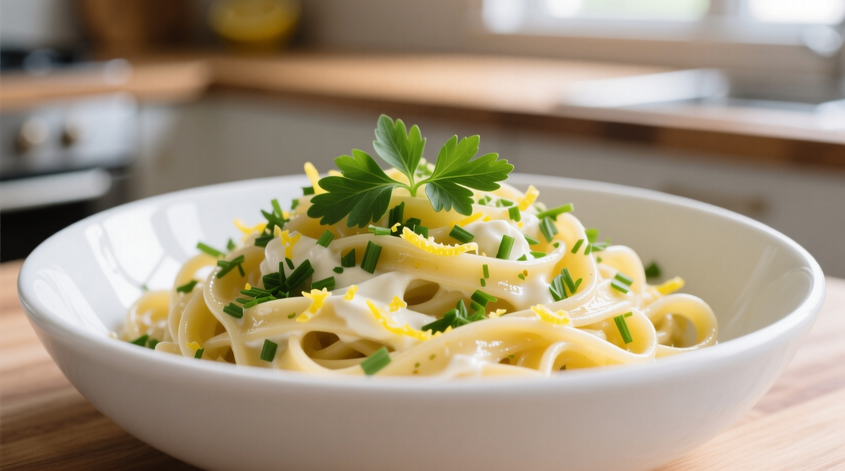 Lemon ricotta pasta with fresh herbs in white bowl
