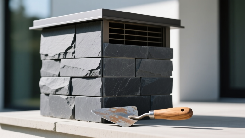 Interlocking dark gray stone veneer ledger panels installed on a modern exterior chimney with a mortar trowel resting nearby.