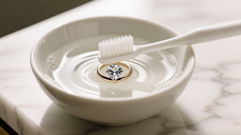 Soft toothbrush gently scrubbing a Herkimer diamond ring in a ceramic bowl of warm soapy water on a white marble countertop