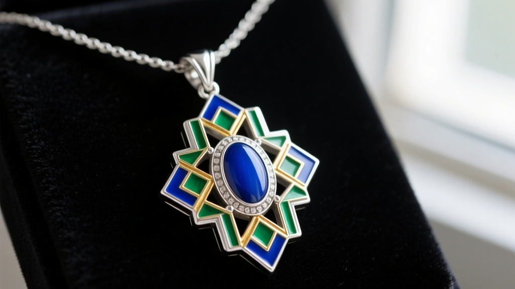 Close-up of an Art Deco sterling silver vintage perfume necklace pendant with geometric enamel details resting on dark velvet.