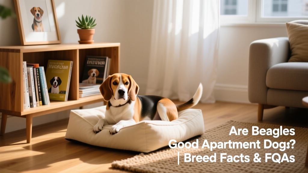 A calm Beagle resting on a cushioned dog bed beside a bookshelf in a tidy, sunlit apartment living room