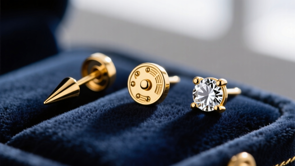 Macro shot of gold mini earring components on velvet, showing threadless pins, 8mm clickers, and 2mm bezel-set diamond studs
