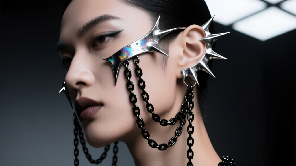 Oxidized silver Ryuk-inspired ear cuffs with spike motifs and black chain drapes on a model against a dark moody studio background.