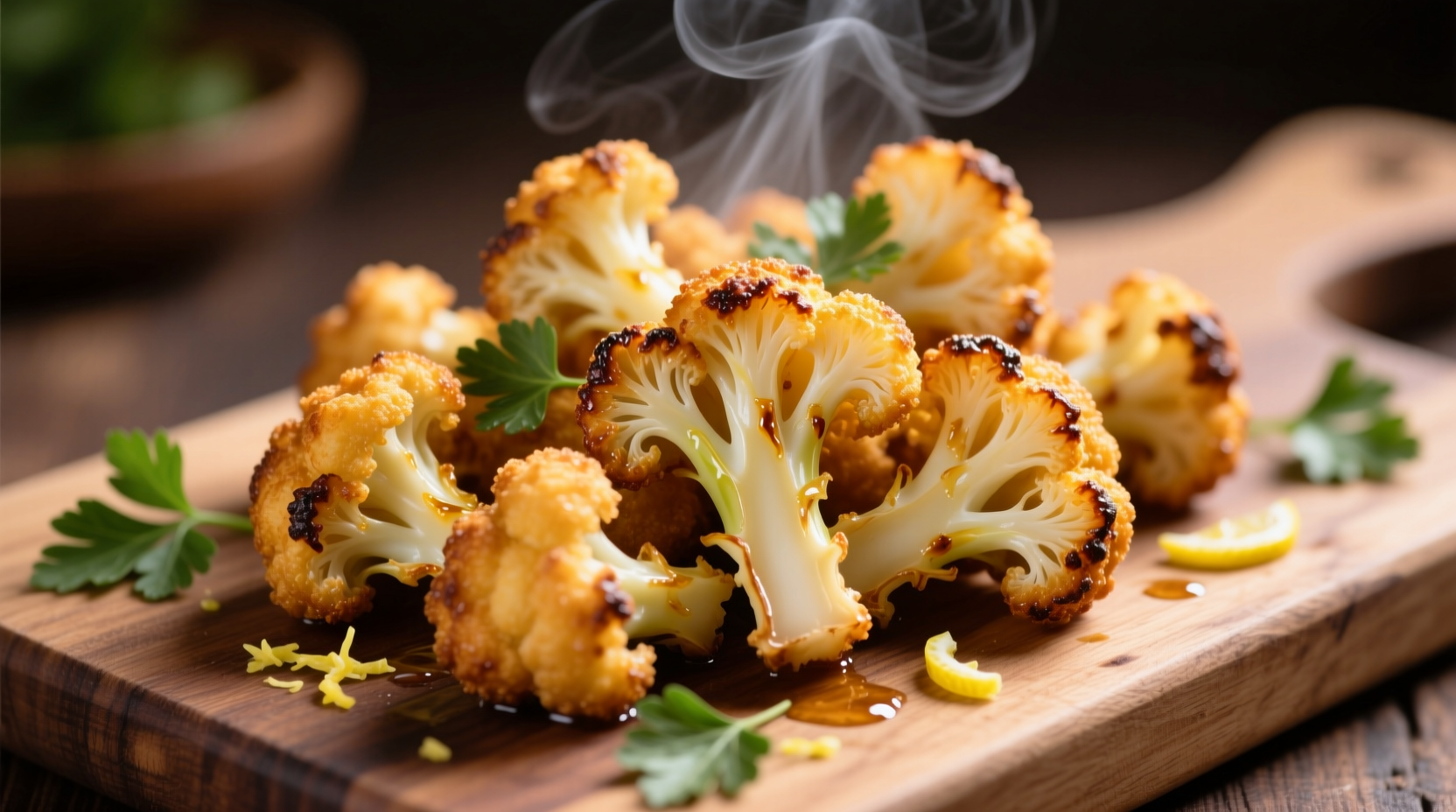 Golden air fried frozen cauliflower florets