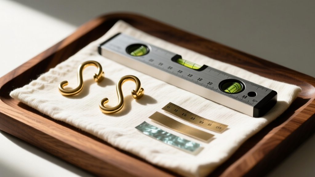 Close-up of solid brass jewelry hooks, a level, and anti-tarnish strips laid on linen cloth next to a walnut wood mounting board.