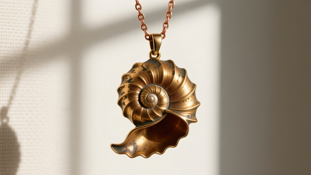 Raw brass nautilus pendant on a copper chain, showing warm tones and early natural patina oxidation on the intricate shell edges.