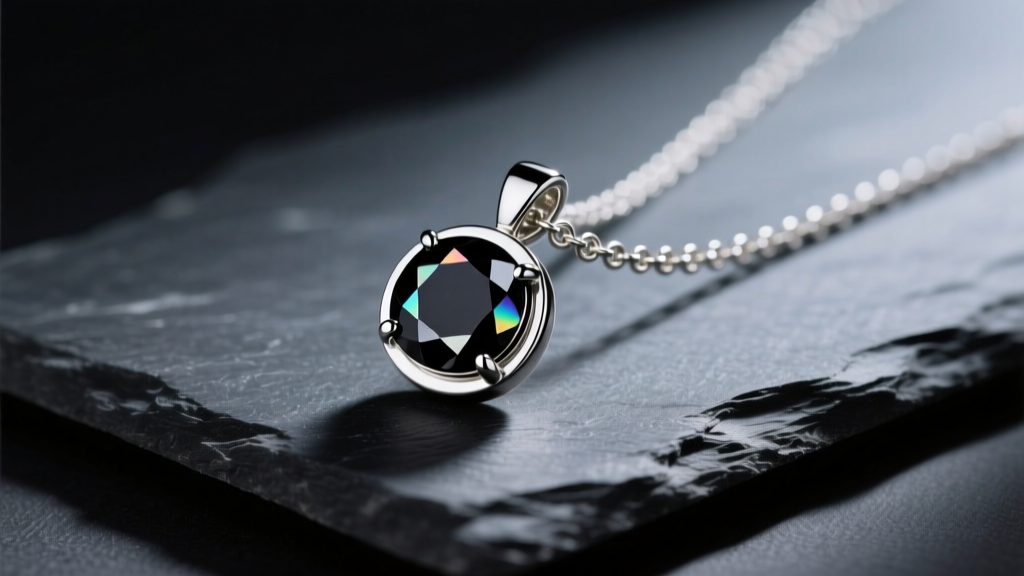 A 1ct treated black diamond solitaire pendant on a 14k white gold rolo chain, resting on dark slate under moody studio lighting.