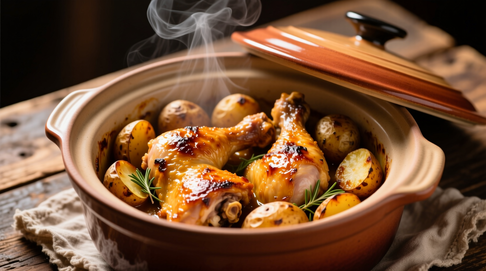 Golden chicken thighs with roasted potatoes in crockpot