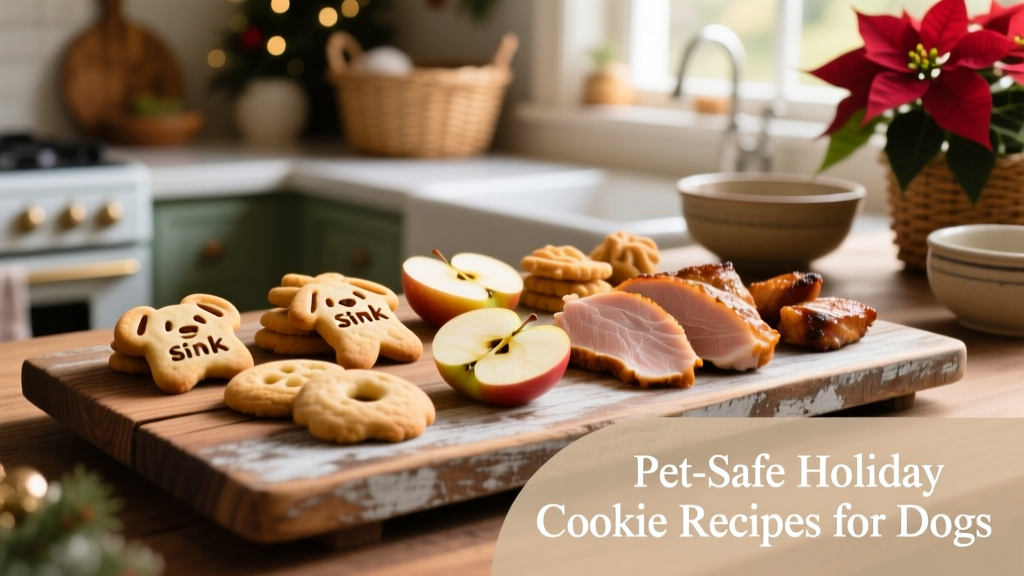 A rustic wooden board topped with assorted dog-safe holiday treats including 'kitchen sink' cookies, apple slices, and turkey pieces