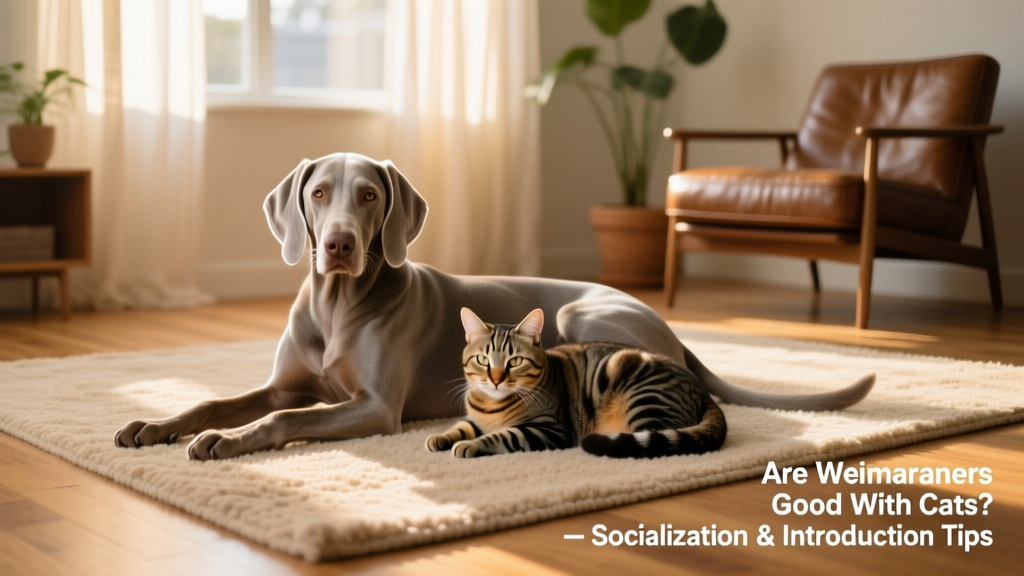 A calm Weimaraner sitting beside a relaxed tabby cat on a sunlit living room rug
