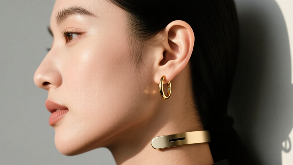 Side view of a wearer pairing a small gold huggie hoop with an audio cuff on one lobe, highlighting minimalist jewelry styling.