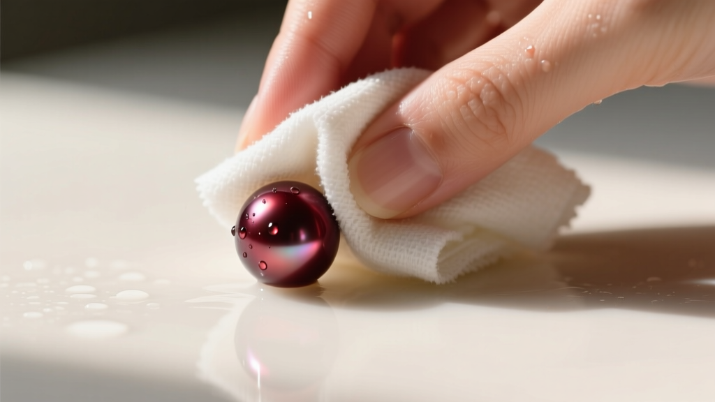 Hands gently wiping a single dark red dyed freshwater pearl with a damp microfiber cloth, showing the cleaning process in soft daylight.