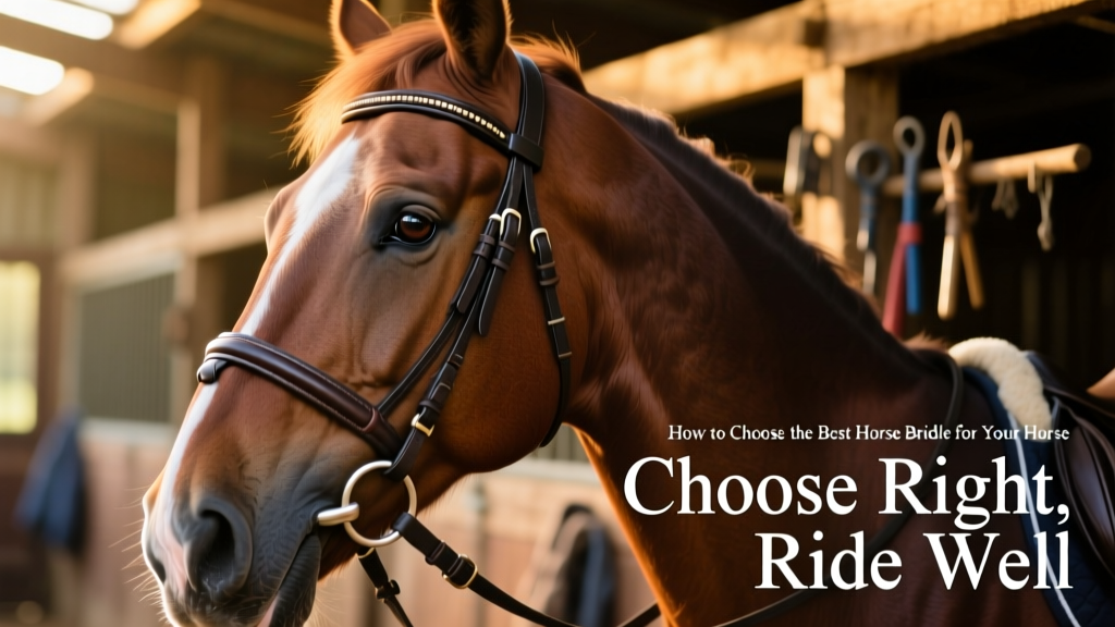Close-up of an English bridle on a horse, showing browband, noseband, and bit placement