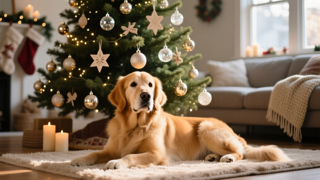 A golden retriever lying peacefully in front of a decorated Christmas tree with ornaments placed safely above its head
