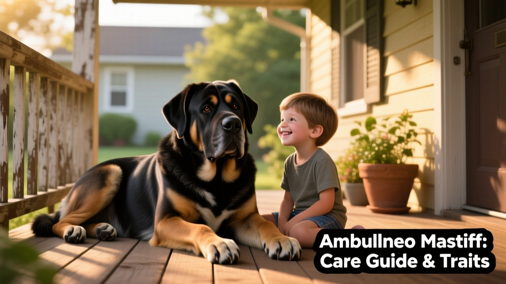 An adult Ambullneo Mastiff resting peacefully beside a child on a porch, both smiling, illustrating trust and gentle companionship