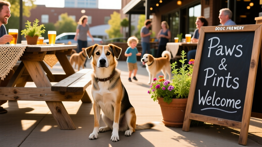 A mixed-breed dog sitting politely beside a wooden picnic table at a bustling dog-friendly brewery patio, with people enjoying drinks and conversation nearby