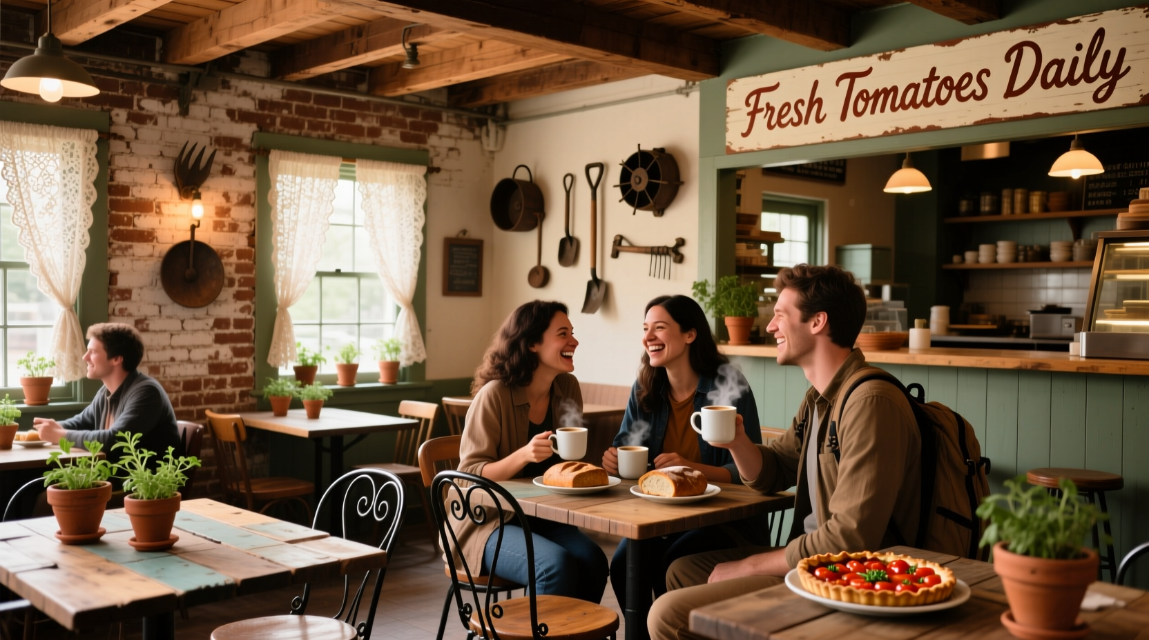 The Tomato Cafe interior with rustic decor and diners
