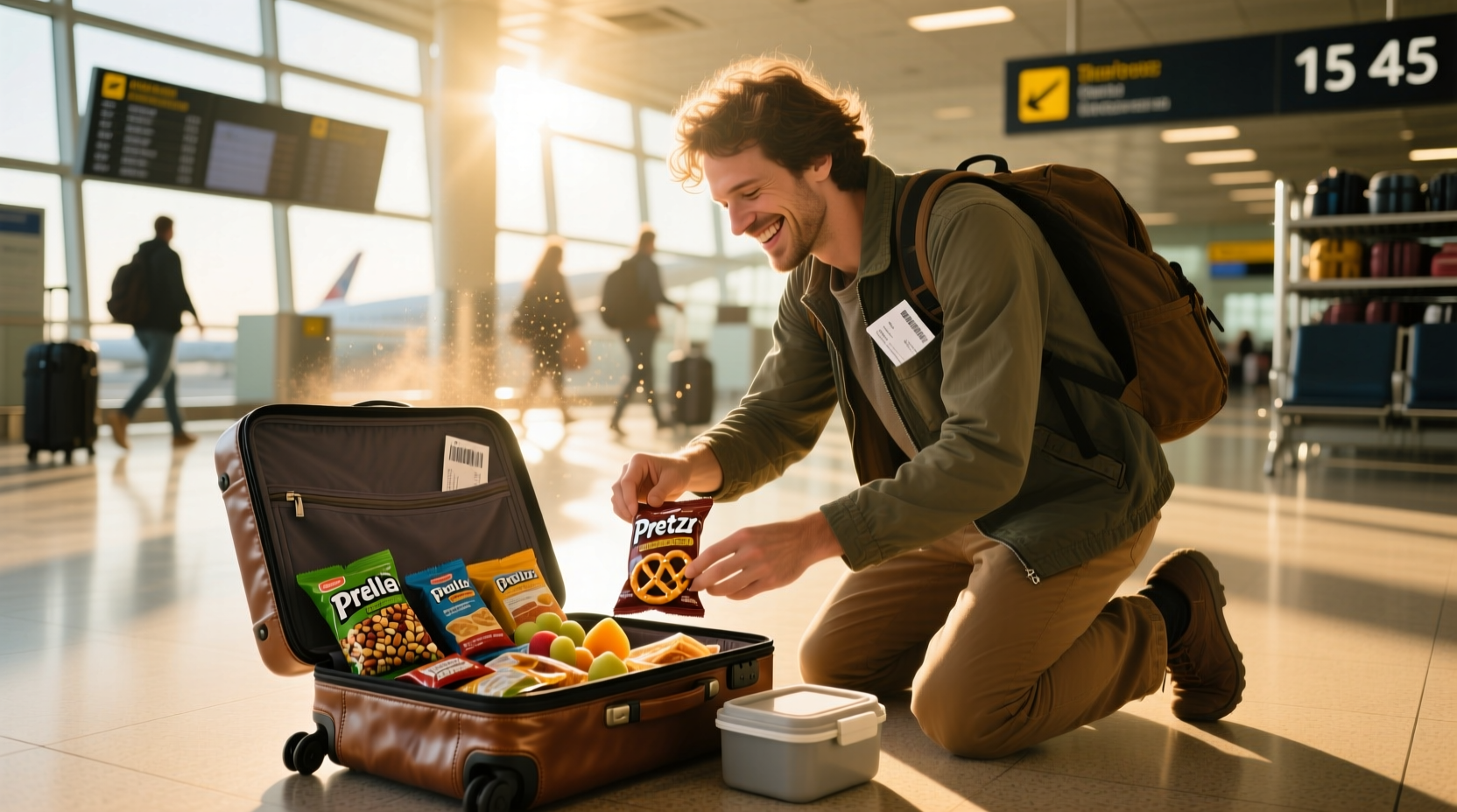 Traveler packing snacks for airplane journey