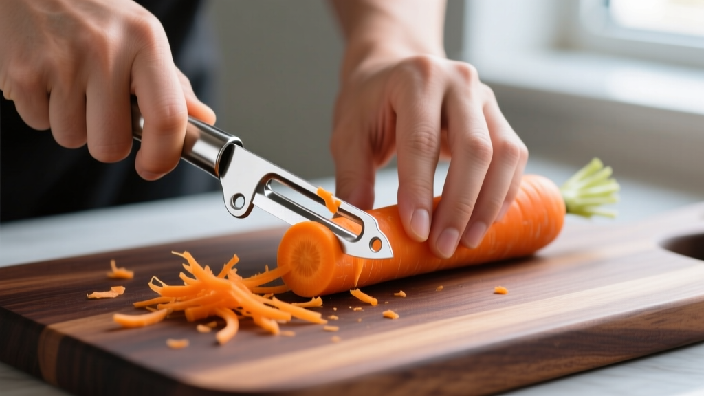 Hands using a stainless steel Y-peeler to prep bright orange carrots on a dark walnut cutting board with scattered vegetable shavings