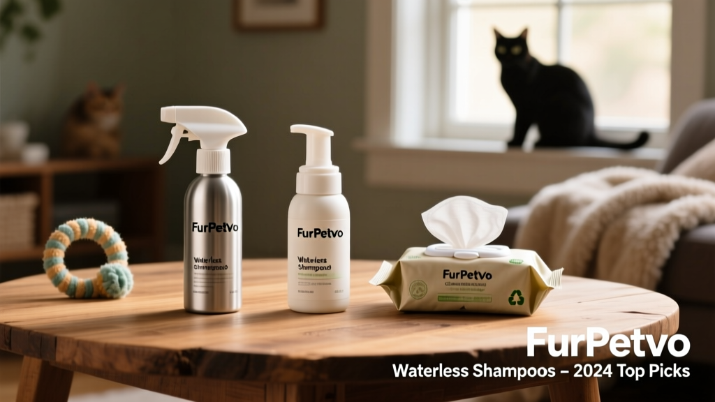 Side-by-side comparison of three FurPetVo waterless shampoo formats: spray bottle, foam dispenser, and cleansing wipe pack