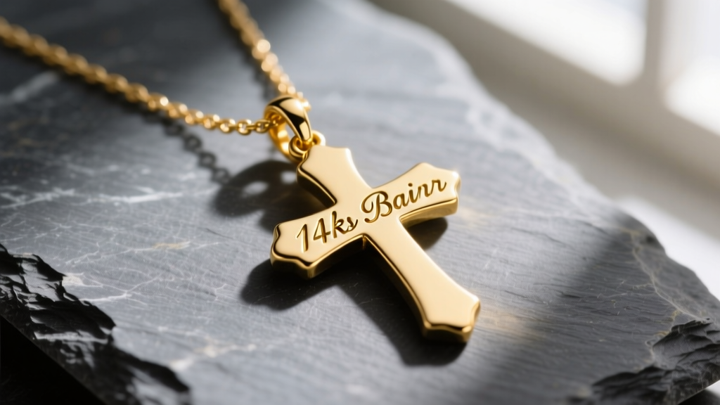 Macro shot of a 14k gold necklace with cross name pendant on slate, showing script lettering merged with a cross.