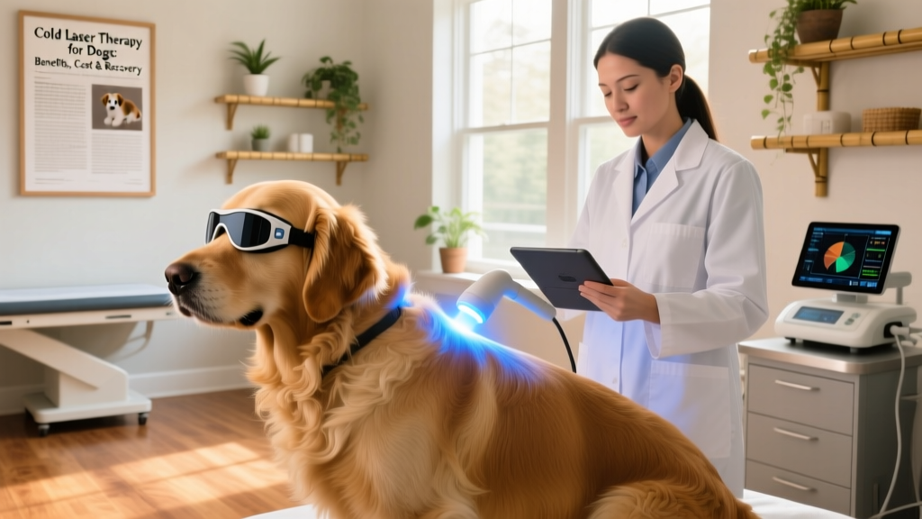Dog wearing protective goggles while receiving FurPetVo cold laser therapy on its back during a veterinary visit