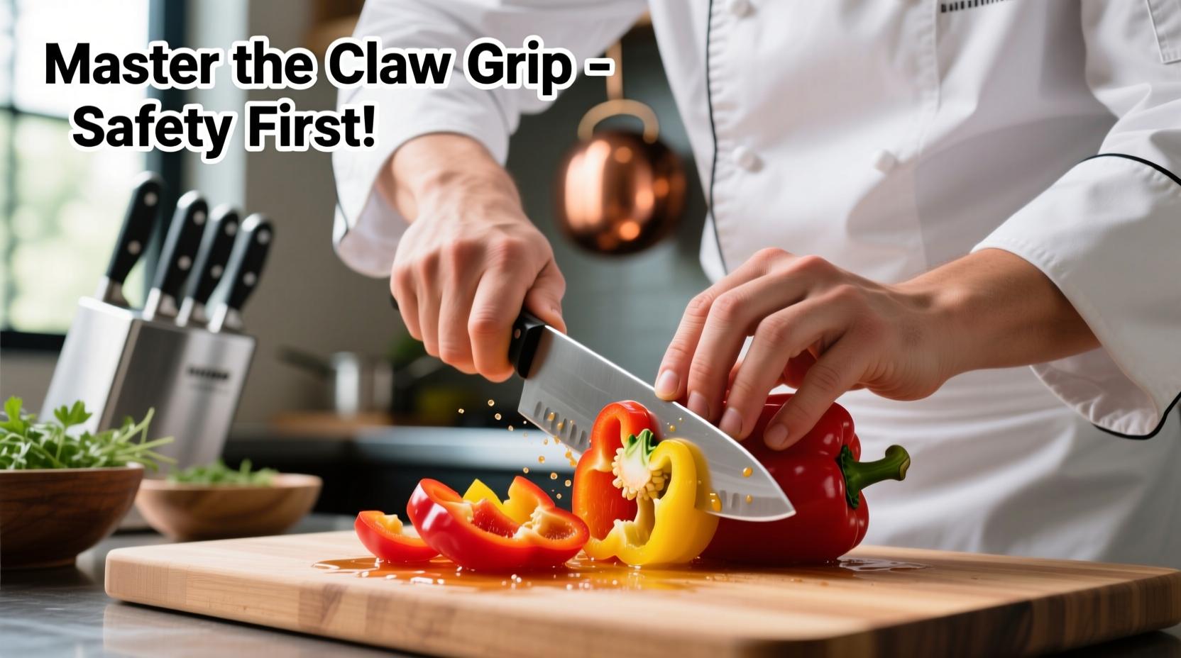 Chef demonstrating proper claw grip technique while chopping bell peppers
