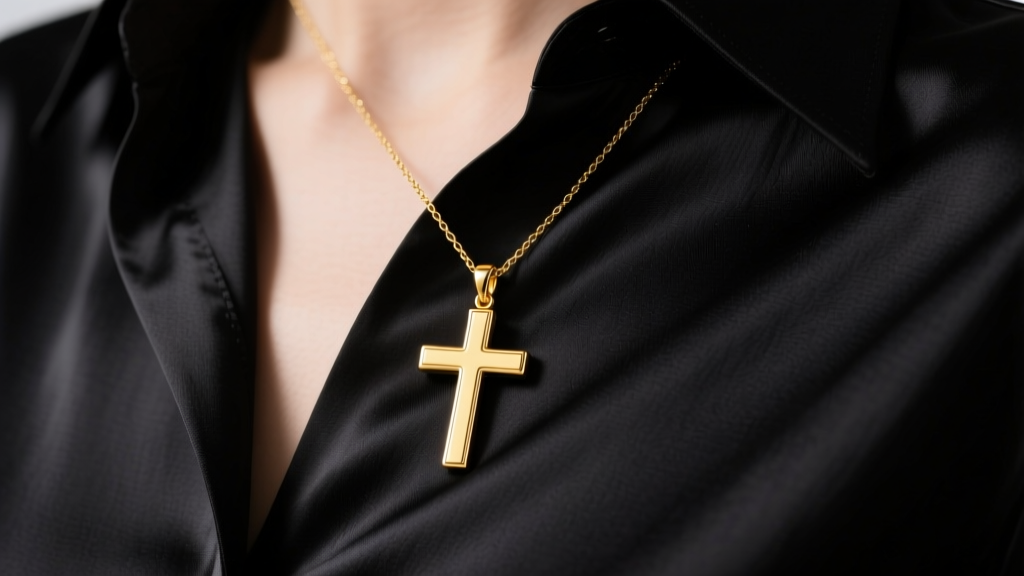 Minimalist 18k yellow gold Christ necklace on a black silk shirt, soft studio lighting highlighting the polished metal texture