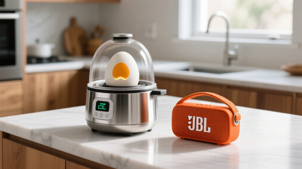 Sleek modern kitchen countertop featuring a stainless steel smart egg cooker next to a rugged orange JBL Clip 4 Bluetooth speaker playing music