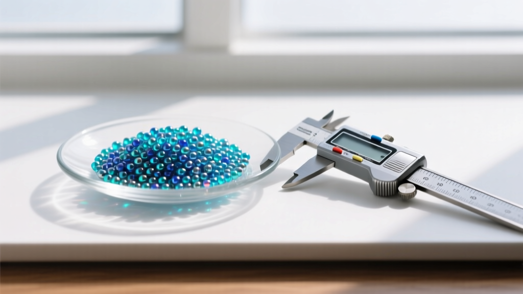 Glass dish filled with size 11/0 Miyuki Delica seed beads in iridescent blue, resting beside a digital caliper measuring tool.