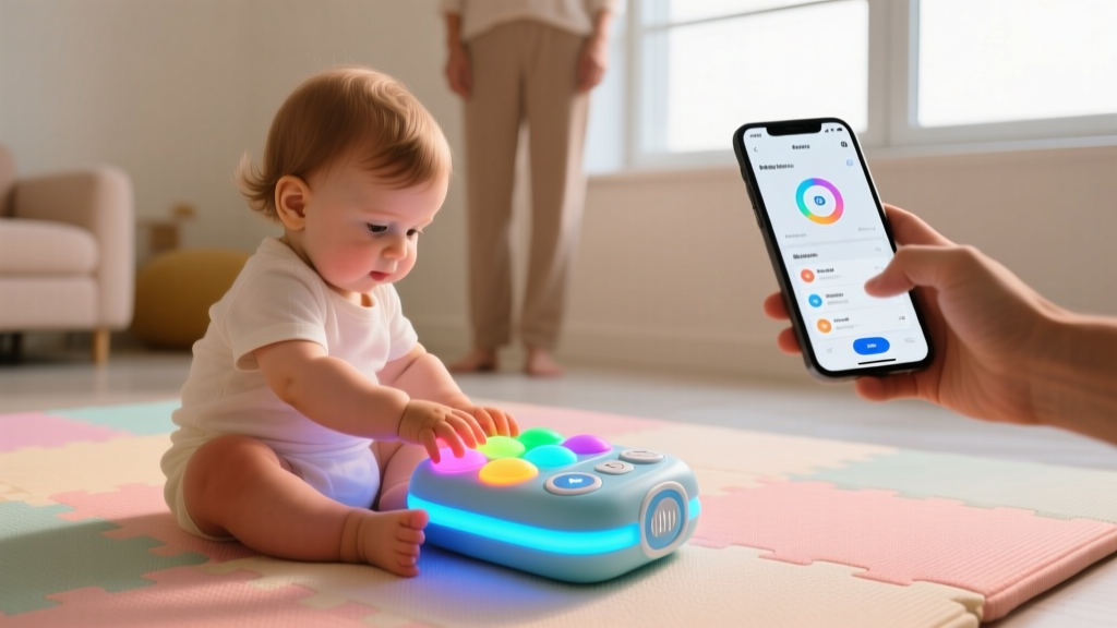 Toddler interacting with a light-up sensory tech toy on a playmat while a parent monitors via a smartphone app nearby