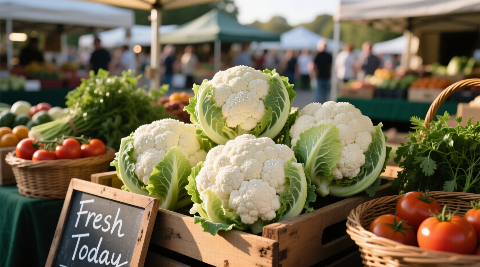 Fresh cauliflower heads at local farmers market
