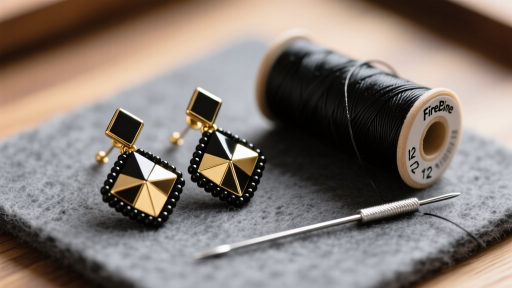 Macro shot of simple seed bead earrings in black and gold on a felt mat next to Fireline thread and a size 12 beading needle.