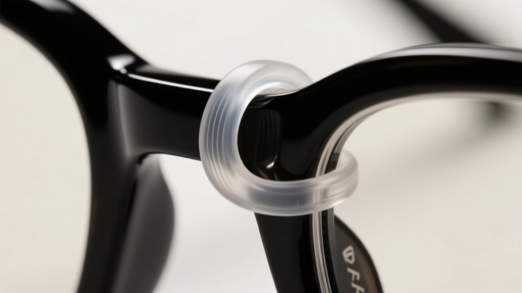 Macro shot of clear silicone eyewear loop gripping a dark acetate glasses temple, showing the textured inner surface grip details