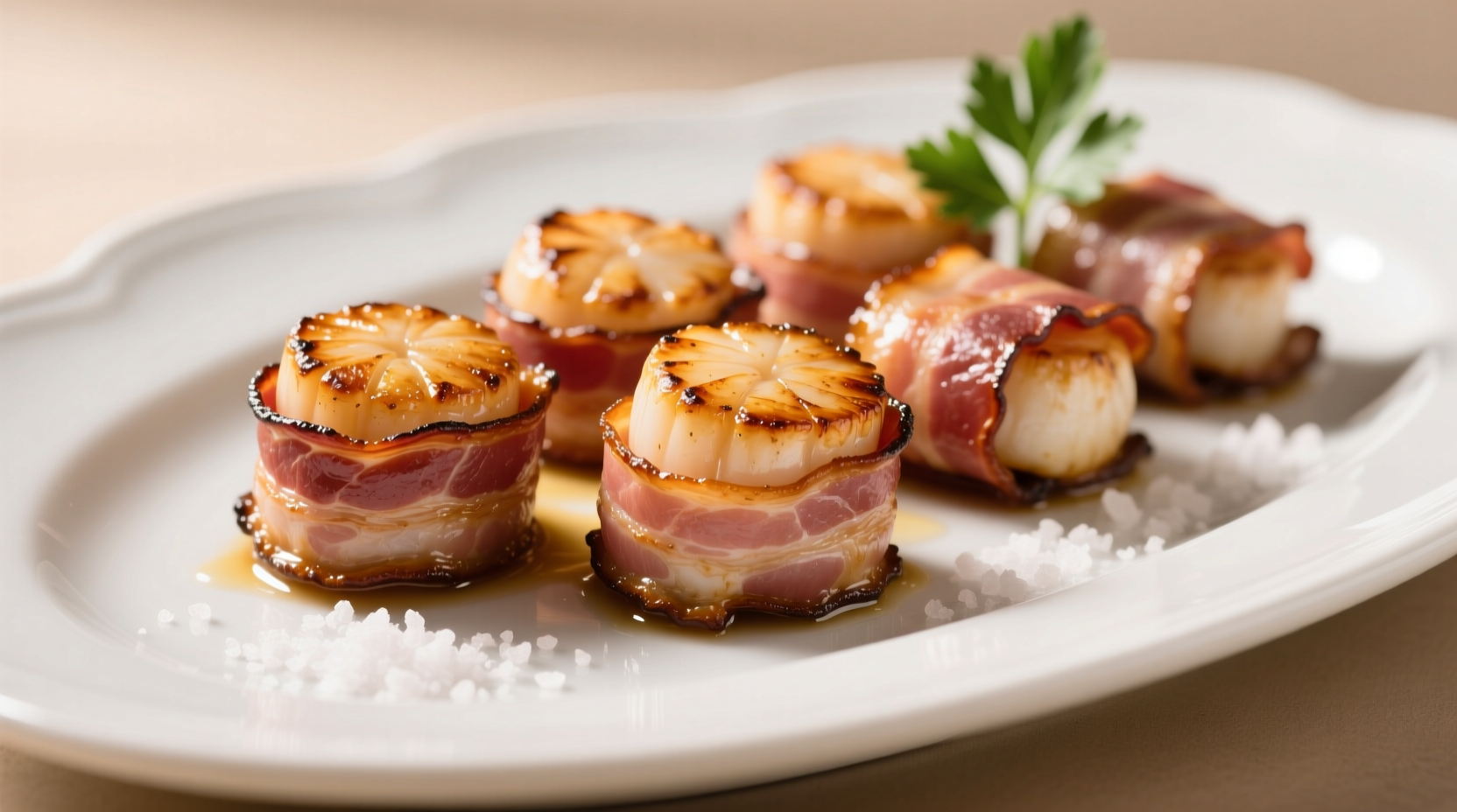 Perfectly cooked bacon wrapped scallops on platter