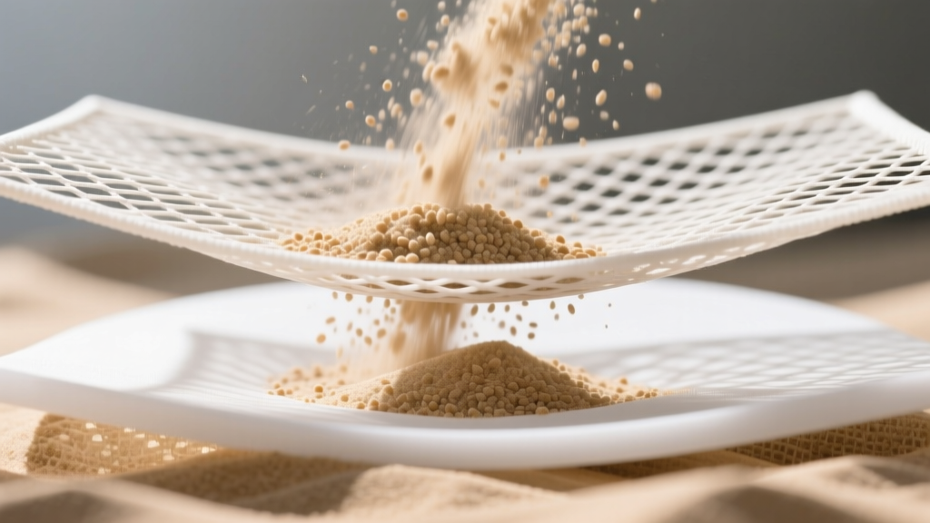 Close-up of dual-layer mesh sand-free mat technology with sand falling through the top layer while the bottom stays clean.