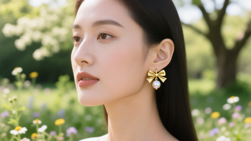 Profile of a woman wearing 18-gauge solid 14k gold huggie hoops with tiny freshwater pearl bow charms against a blurred garden.