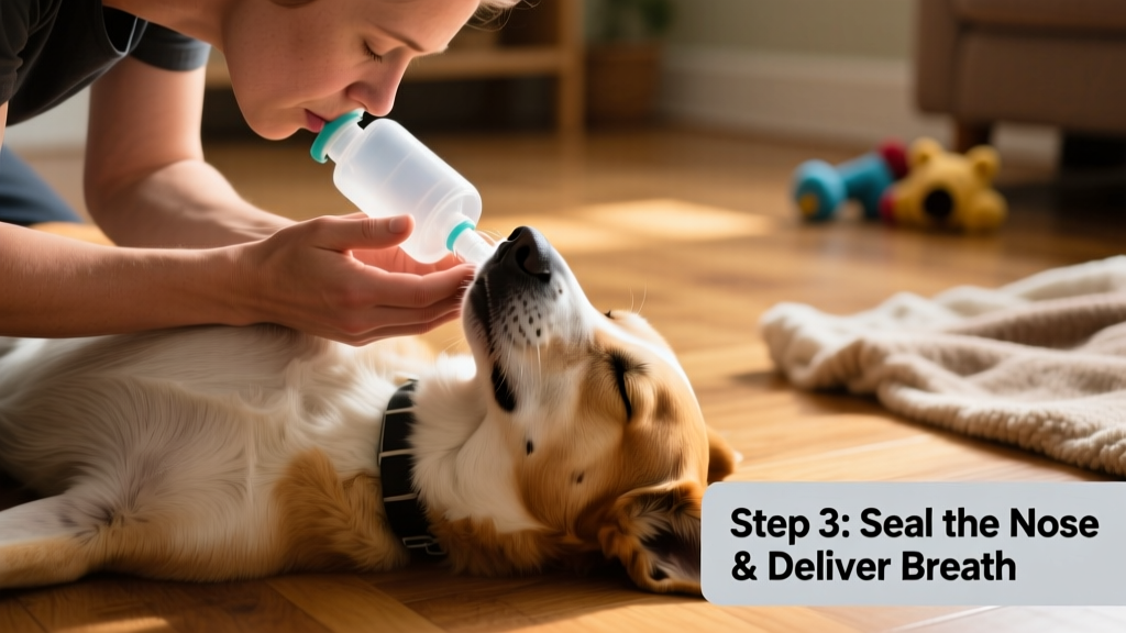 Close-up of a person delivering rescue breaths to a dog's nostrils, with hands cupped around the muzzle