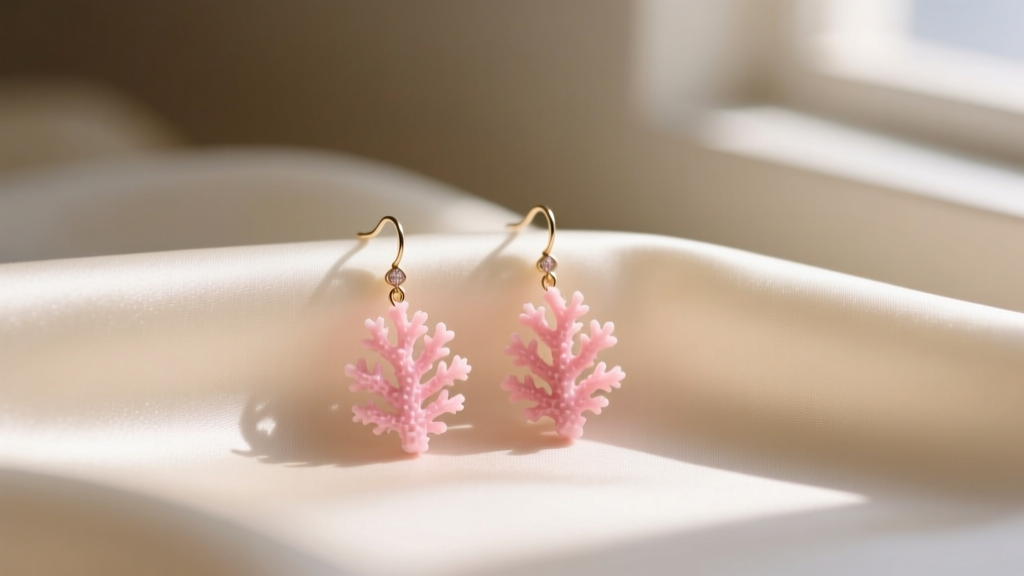 Close-up of pink coral drop earrings on cream silk, illuminated by gentle, warm natural window light.