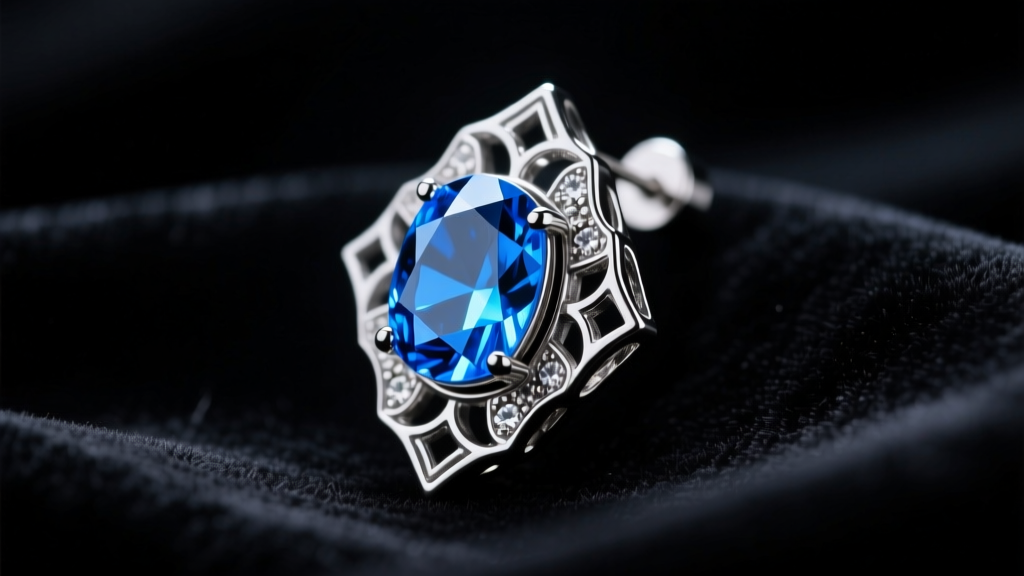 Macro shot of an anime-inspired metallic earring with a blue crystal on black velvet under moody, dramatic studio lighting