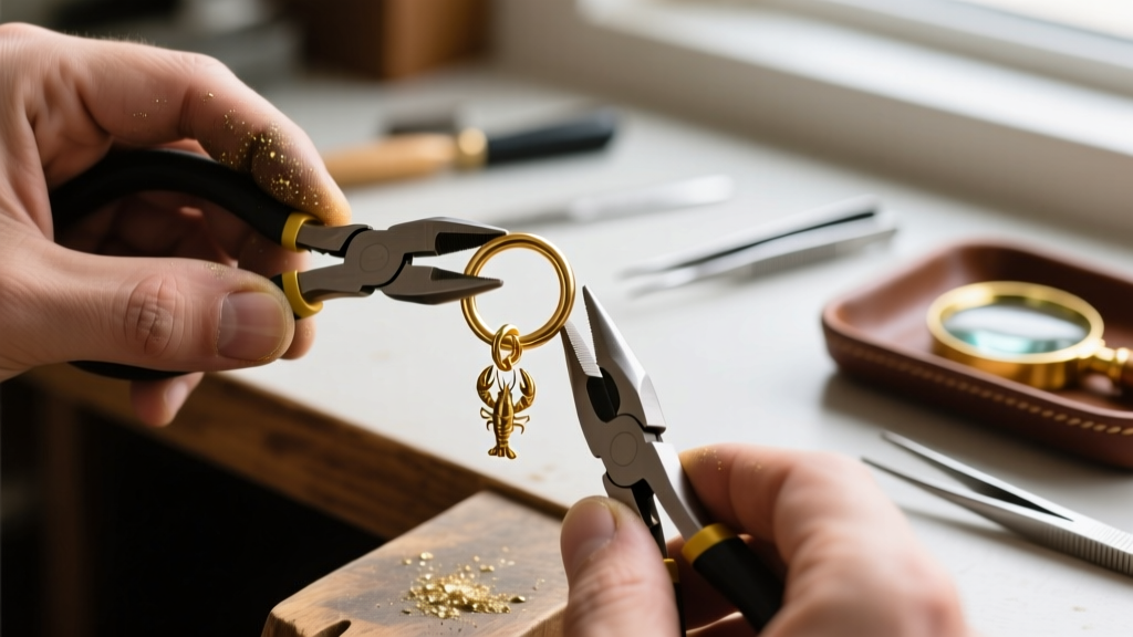 Macro shot of a jeweler using two flat-nose pliers to open a 16-gauge brass jump ring attached to a small gold lobster clasp.