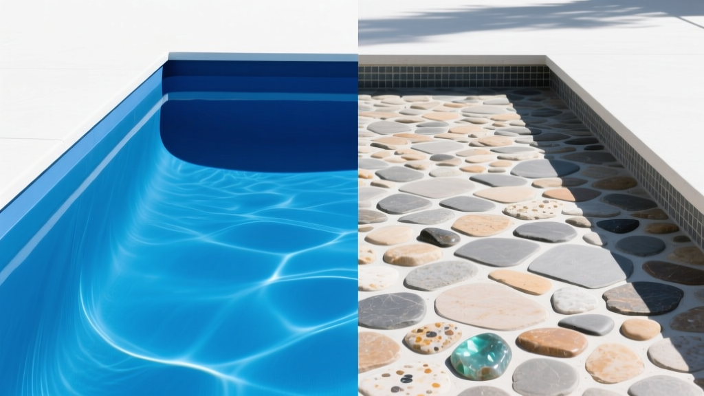 Split-screen comparison showing a smooth blue vinyl pool liner on the left and a textured pebble-tec concrete pool finish on the right