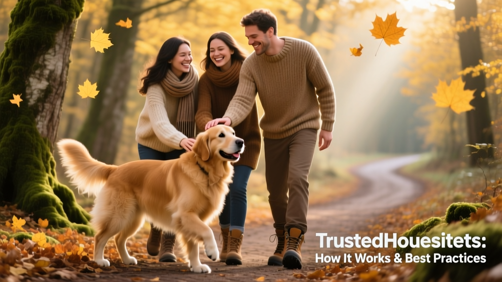 Three friends smiling and petting a golden retriever during an autumn walk in the woods