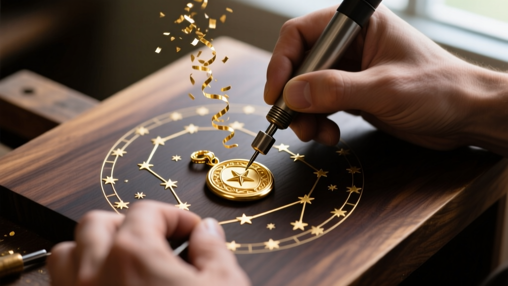 Jeweler carving a constellation map into a 14k gold pendant with an engraver, showing fine gold shavings on a dark wood bench.