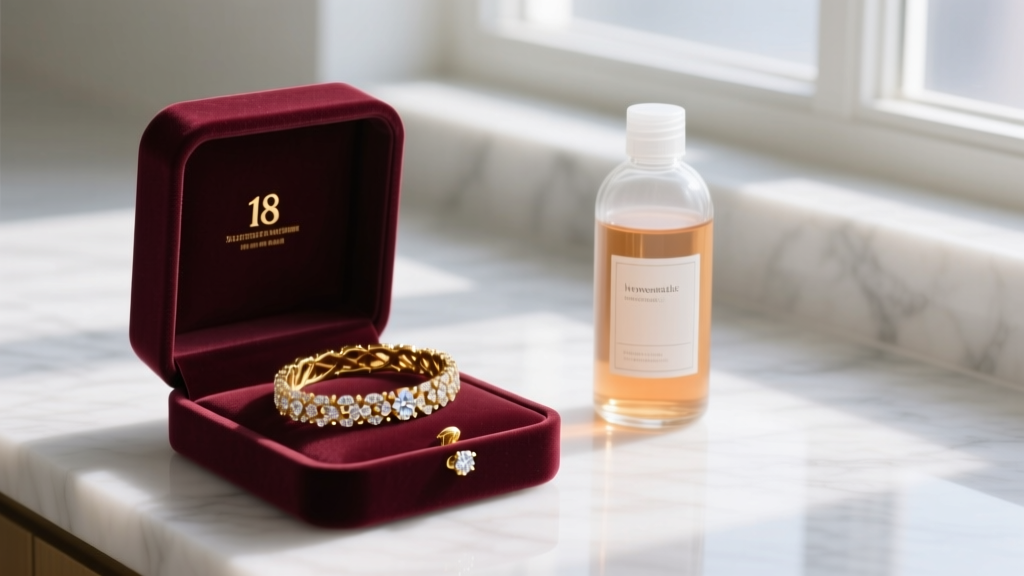 Velvet box holding an 18k gold diamond bracelet next to a small glass bottle of homemade cleaner on white marble.